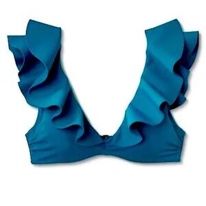 Shade & Shore Vibrant Blue Ruffle Bikini Top, Size 32B, NWT